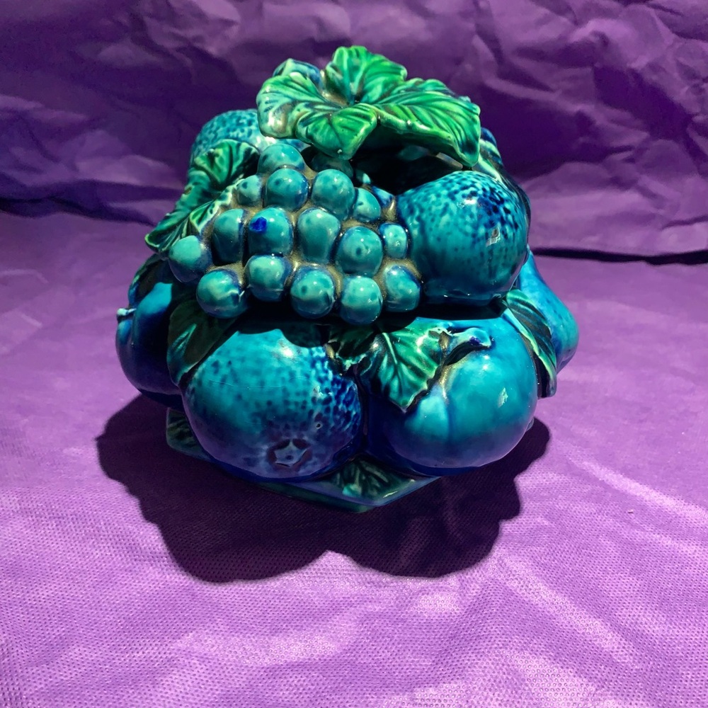 Vintage Inarco Japan, Candy Bowl Ceramic Blue Fruit
